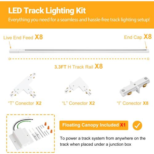 VANoopee 26FT H Track Lighting Rails with Floating Canopy Connector, White | H Type Track Lighting Kit | End Caps, Live End Feeds, I T & L Connectors Included | H Style Track System Compatible