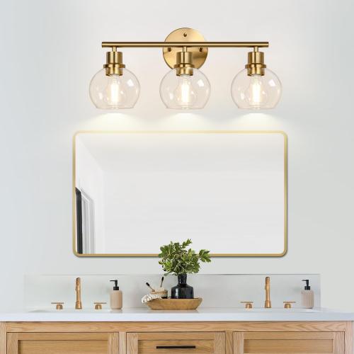 3-Light Bathroom Light Fixtures, Brushed Gold Modern Vanity Lights Over Mirror with Clear Glass Globe Shade, Bathroom Wall Sconces for Mirror Kitchen Living Room Hallway Cabinet Bedroom Porch