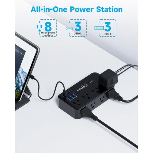 Surge Protector Power Strip (2800J), 8 AC Outlets with 6 USB Ports 4.8A/24W Charging Station for iPhone 15 Series, 5ft Flat Extension Cord, Wall Mount for Home, Travel, Office