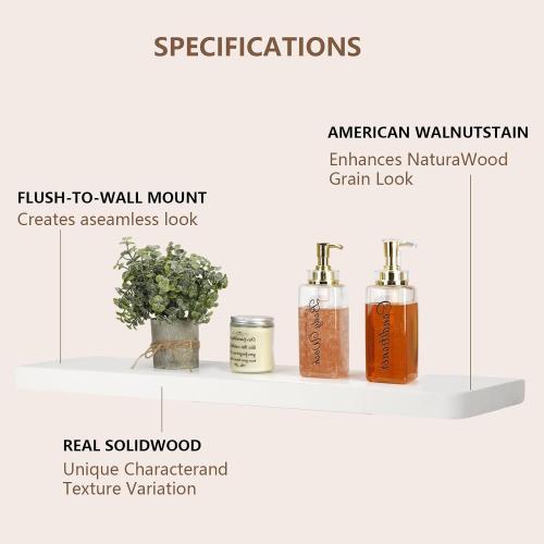 Solid Wood Floating Shelves for Wall, 17Inch Floating Shelves Set of 2, Hanging Shelf with Invisible Brackets, Wood Shelves for Living Room, Bedroom, Kitchen, White