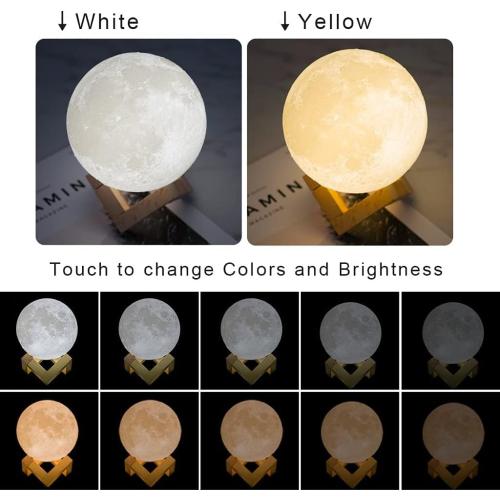 Mydethun 3D Moon Lamp with 4.7 Inch Wooden Base - Gift for Lover, Mothers Day LED Night Light, Mood Lighting with Touch Control Brightness for Home Décor, Bedroom, Birthday- White & Yellow
