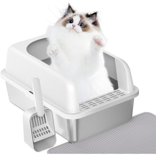 Prodigen Stainless Steel Cat Litter Box with Lid High Wall Sides Enclosure, Non-Sticky, Anti-Leakage, Easy Cleaning, with Cat Mat & Metal Scoop, 19.6 L x 14 W x 12 H