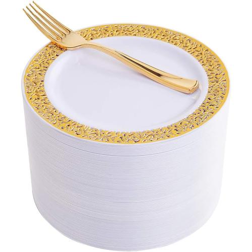 WDF 100pcs Gold Dessert Plates 7.5 with 100 Pieces Disposable Forks 7.4, Lace Design Fancy Appetizer Small Salad and Cake Plates for Thanksgiving Party/Weeding
