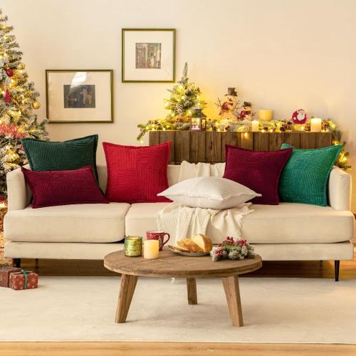 MIULEE Christmas Decorative Throw Pillow Covers for Couch Bed Livingroom 18x18 Inch Set of 2 Burgundy Boho Accent Throw Pllows Broadside Striped Patchwork Soft Corduroy Pillowcases
