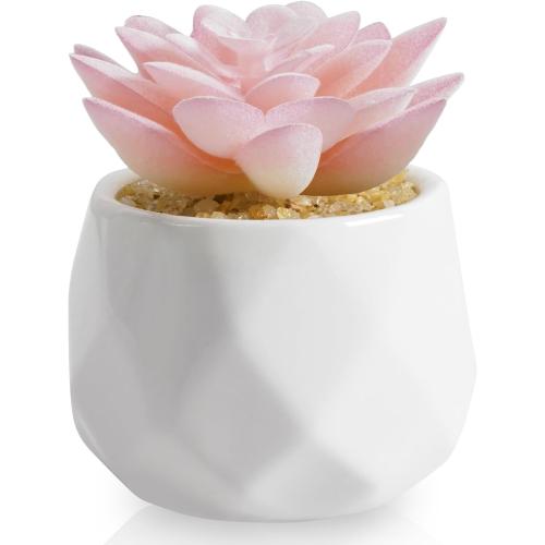 VIVERIE Mini Succulents Plants Artificial in Pots-Rose Pink, Christmas Small Fake Succulents Plants for Home Decor Indoor for Women, White Ceramic Faux Succulents, Set of 1, Gifts for Mom