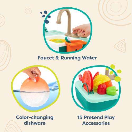 B. toys – Sink Play Set – Toy Kitchen Sink – Faucet & Running Water, Dishes, Play Food – Pretend Play Set For Kids – 3  Years– Splash – n – Scrub Sink