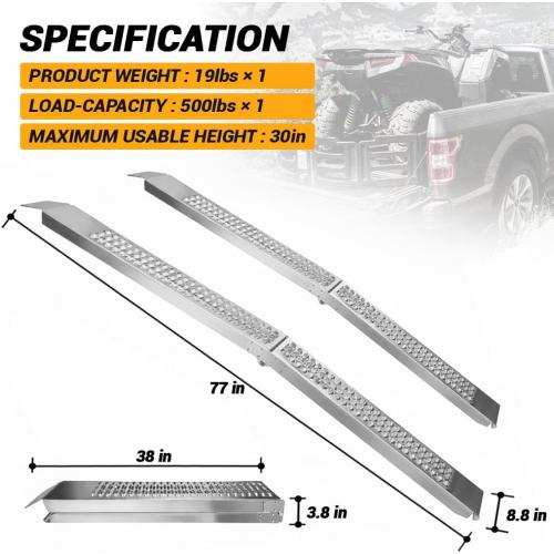 Portabe Folding Steel Ramps, 500 lbs, 77 1-Pcs Heavy-Duty Ramps with Wider Ramp Surface, Anti-Slip Stable Loading Ramp, Fit for Motorcycle, Dirt Bike, ATV, UTV, Lawn Mower, Electric Bicycle