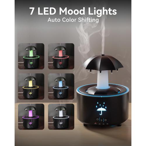 3-in-1 Rain Drop Humidifier & Essential Oil Diffuser with 360 Ratation Waterfall/Whisper Rain Sound/Cool Mist/ 7 Mood Lights, Umbrella Design Humidifiers for Bedroom Home Living Room (Black)