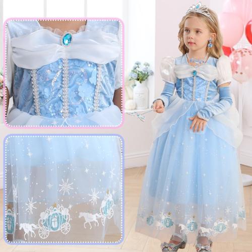 4-5T Girls Princess Dress Kids Halloween CarnivParty Cosplay Costume Toddler Puffy Sleeve Blue Fancy Outfit