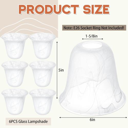 6 Pcs Bell Shaped Glass Lamp Shade E26 Replacement Globe Ceiling Fan Light Cover with 1-5/8'' Fitter Opening for Chandelier Wall Sconce Pendant Light Bathroom Vanity Fixture (White Alabaster)