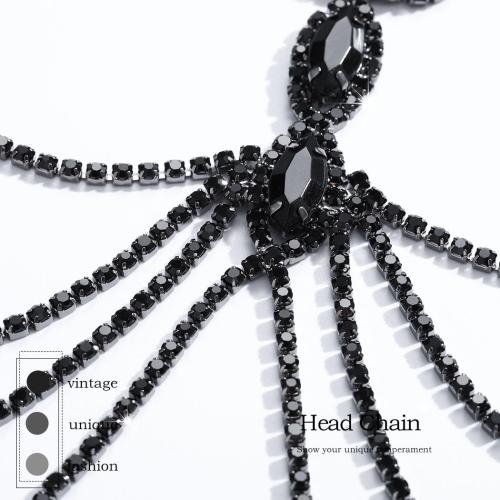 Black Crystal Flapper Head Chain Masquerade Mask Headpiece Wedding Bride Rhinestone Headbands Costume Headwear Women Hair Accessory