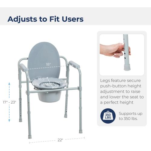 Drive Medical Folding Steel Bedside Commode Chair - 3-in-1 Portable Toilet - Adjustable Height - 350 Lb Weight Capacity - 7.5 Qt Bucket - Adult Commode - Grey‼️light dirt and good condition‼️