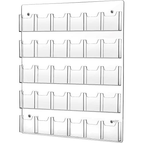 Acrylic Brochure Pamphlet Holder - Clear Display Stand with Multi Slot Rack, Wall Mount Pocket for Literature Menu Document Flyer Advertise Supplies (30 Pockets)