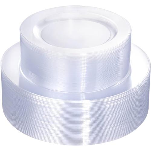 FLOWERCAT 100PCS Clear Plastic Plates - Heavy Duty Clear Disposable Plates for Fall Party/Wedding/Christmas - Include 10inch & 7inch Dinner/Dessert Plates for 50guests