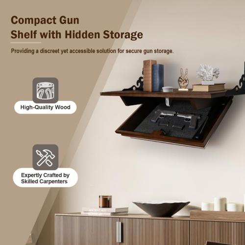 Hidden Shelf for Gun, Wall Mounted Hidden Gun Storage Shelf with Lock, Solid Wood Hidden Compartment Furniture