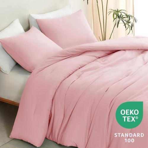 Comforter Set Pink, 3 Pieces Lightweight Comforters Quilted Bedding Sets, All Season Breathable Solid Down Alternative Comforter with 2 Pillowcases, Bed Set Gift for Home