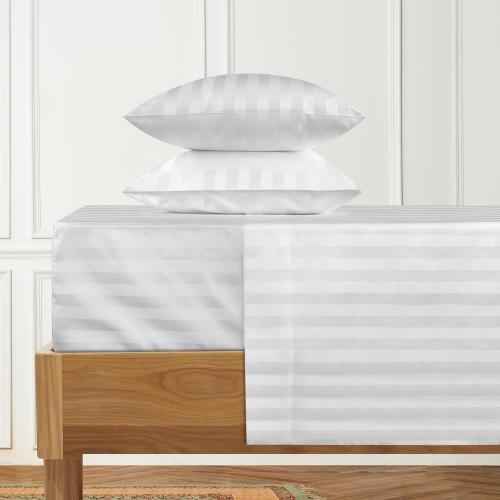URBANHUT 1000 Thread Count 100% Cotton Damask Full Size Sheets, Long Staple Striped Bedsheet, Luxury Hotel Sateen Weave - Soft & Breathable, Better Than Egyptian, 16 Deep Pocket - White