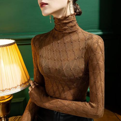 Women's Large Long Sleeve Bodycon Turtleneck Tees Top Lace Sexy See Through Sheer Mesh Eyelash Trim Shirts Elegant Blouse