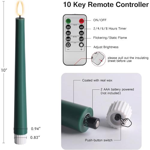 Eywamage Dark Green Flameless Taper Candles with Remote, Flickering Battery Operated LED Wax Candlesticks Set of 6