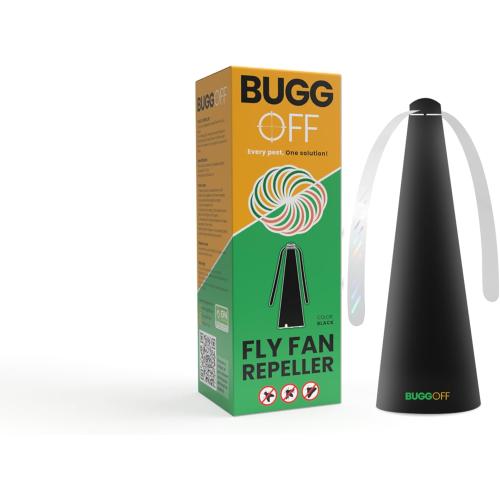 BUGGOFF Black Fly & Flying Insect Repellent Fan with Twin Blades, Table top & Hangable, Battery Powered or 5V Plug in, Batteries NOT Included. Safe Blades with Auto Stop. (1 Pack)