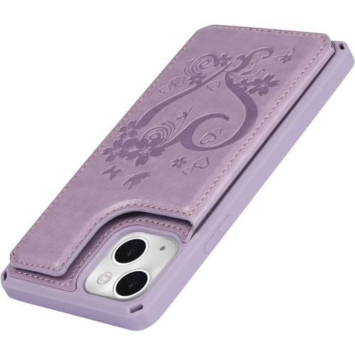 iCoverCase for iPhone 13 Wallet Case with Card Slots Holder Kickstand [RFID Blocking] Embossed Leather Magnetic Shockproof Cover with Wrist Strap (Heart Purple), Purple