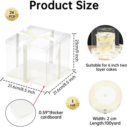 Clear Gift Box with Ribbon 2-Layer 8.5x8.5x9 Inch, Transparent Cake Carrier Box with Lids, PET Tall Cake Packaging Boxes, Clear Gift Boxes for Birthday,Wedding and Festival Party