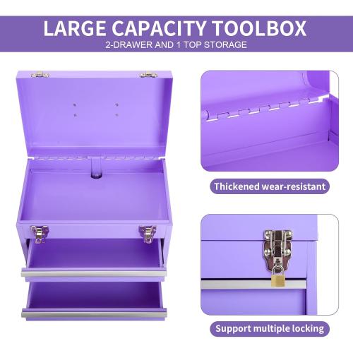14 Inch Steel Portable Tool Box with drawers - Tool Storage Box Organizer with Metal Latch Closur - Powder Coated Toolbox Chest for Tools Storage Cabinet (PURPLE)