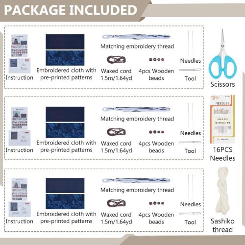 INFUNLY 3 Set Sashiko Drawstring Bag Kit DIY Sashiko Embroidery Bag Set with Printed Fabric Sewing Handbag Kits Embroidery Starter Kit Needlepoint Sewing Bags with Instruction for Beginner Adult