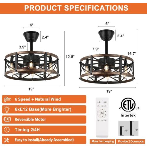 SHLUCE 19 Inch Farmhouse Fandelier with Light, ETL Listed | Remote Controlled, Bladeless Fandelier Design, Quiet Operation, Energy Efficient, Ideal for Bedroom & Kitchen Indoor Use