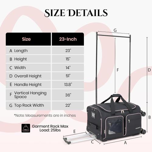 Fanwoli 23 Dance Bag with Garment Rack 4 Wheels | Detachable 360° Wheels | Ultra-Light Collection | Ideal Competition Duffle Bag for Dream, Black with Pink Trim