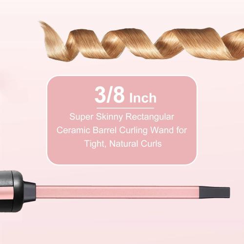 Thin Curling Iron, 3/8 Inch Small Curling Iron Wand for Short & Long Hair, Square Tube Ceramic Mini Curling Barrel Rapid Heating for Tight Curls, Include Glove