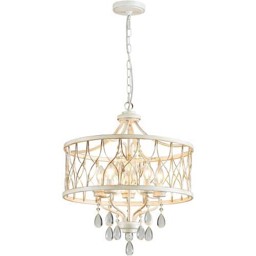 Modern Crystal Chandelier, 5-Light Farmhouse White Chandelier for Dining Room Vintage Hanging Pendant Light Fixtures Round Chandelier for Kitchen Island Entryway Foyer Bedroom Office Bar