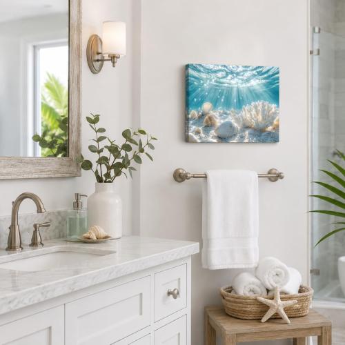 libitea Framed Coastal Canvas Wall Art - Coastal Ocean Relaxation Wall Decor Underwater Sunbeam Seashell Poster Printing Artwork for Bathroom Bedroom Living Room