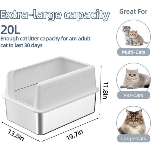 Stainless Steel Cat Litter Box with Lid,XL,19.7”L x 13.8”W x 11.8”H Deep,Metal Litter Box with High Side,for Small and Large Cats,with a Scoop and Scoop Storage Box Litter Mat Double,Easy Cleaning