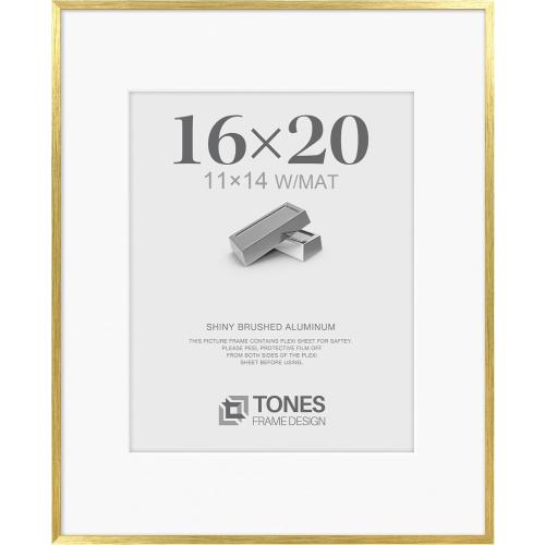 16x20 Frames Shiny Brushed Aluminum, 16 x 20 Picture Frame Gold Metal Photo Frame Mat to 11x14 Poster Frames for Art Gallery Wall Tabletop Decor