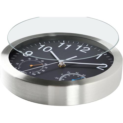 Non Ticking Silent Wall Clock, 10 Inch, Black, Quartz Analog, Battery Operated, with Thermometer and Hygrometer, Easy Installation