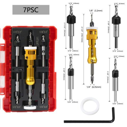7 Pcs Countersink Drill Bit Set with Low Friction Depth Stop,82 Degree Carbide Tipped Countersink Bit(1/8x3/8,9/64x 3/8,5/32x3/8,11/64x1/2,3/16x1/2 ) with 1/4 Quick Release Hex Shank (Yellow)