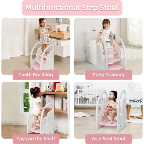 Toddler Step Stool Chair Onasti Kids 3 Step Standing Tower for Toddlers Plastic Learning Helper Stool for Kitchen Counter Bathroom Sink Toilet Potty Training with Handles and Non-Slip Pads-Pink White