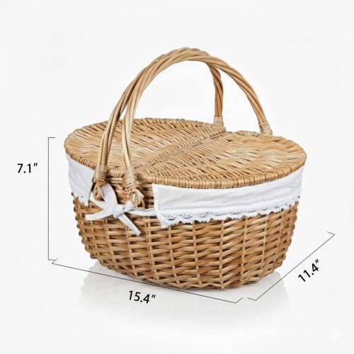 Wicker Picnic Basket with Lid and Handle 15 Sturdy Woven Body with Washable Lining for Easter,Mother's Day,Outdoor Camping,Not Dyed