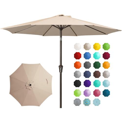 JEAREY 9FT Outdoor Patio Umbrella Outdoor Table Umbrella with Push Button Tilt and Crank, Market Umbrella 8 Sturdy Ribs UV Protection Waterproof for Garden, Deck, Backyard, Pool (Beige)