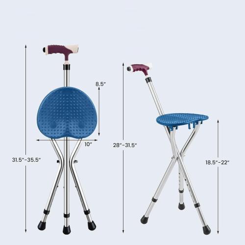 Folding Cane Seat Sturdy Lightweight Adjustable Handle Legs with LED Light Cushion for Elderly Walking Stick 300 lbs Large Plate