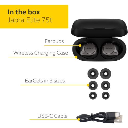 USED (usados) Jabra Elite 75t– True Wireless Earbuds with Charging Case, Titanium Black – Active Noise Cancelling Bluetooth Earbuds with a Comfortable, Secure Fit, Long Battery Life, Great Sound