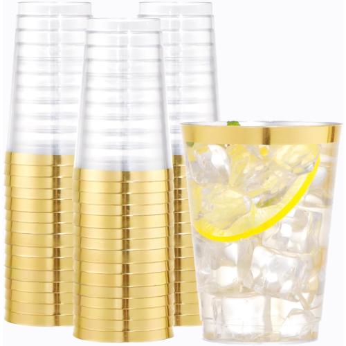 WDF 100 PACK Gold Plastic Cups - 12 OZ Gold Rimmed Disposable Cups for Thanksgiving Party, Holiday Gathering, Wedding