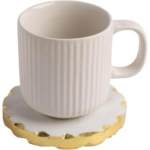 Set of 6 Real Marble Coasters with Golden Borders, decoratice White & Gold Coasters for Desk, Coffee Table | Thick & Heavy Aesthetic Coaster Set, 4 inch Dia (Gold)