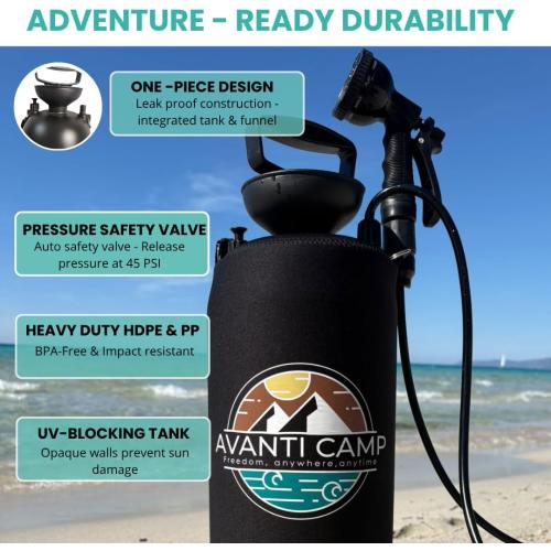 2.1 Gallon Pressurized Portable Camping Shower | 10-Mode Spray Head | Premium Neoprene Insulated Sleeve & Padded Shoulder Strap | Rinse Kit for Surf, Sand, RV, Road Trips & Pets | Black
