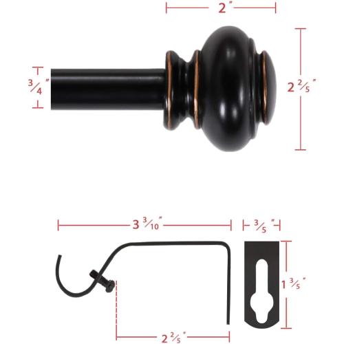 H.VERSAILTEX Window Curtain Rods for Windows 66 to 120 Inches Adjustable Decorative 3/4 Inch Diameter Single Window Curtain Rod Set with Classic Finials, Black