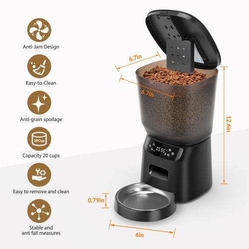 Automatic Cat Feeder, Cat Food Dispenser with Stainless Steel Bowl, Timed Portion Control 20 Portions 6 Meals Per Day, Voice Recorder, Dual Power Supply for Small Dogs