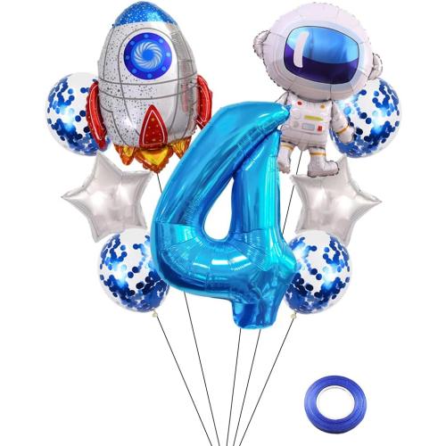 Astronaut Rocket 4th Birthday Party Balloons Jumbo Spaceman Birthday Balloons Outer Space Theme Foil Balloons 32 Inch Blue Number 4 Helium Balloon for Birthday Party