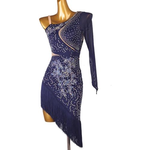 Size Large Color Blue Latin Dance Performance Dresses Ballroom Dance Costumes Asymmetric Cha Cha Dancewear Embroidery Salsa Dance Dress