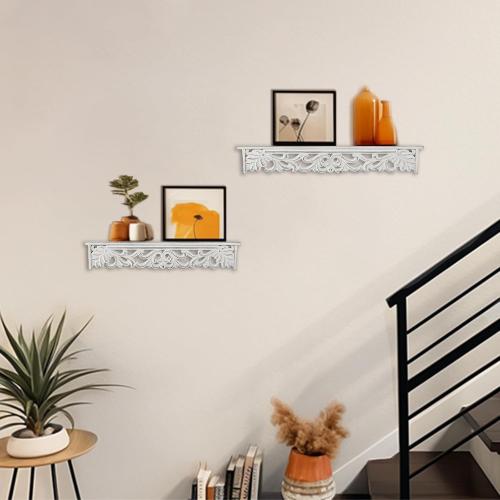 White Floating Shelves for Wall 24inch & 19inch Long - French Country Wall Decor Wood Distressed Mounted Shelf Vintage Hanging Shelving for Bathroom Bedroom 2 pcs